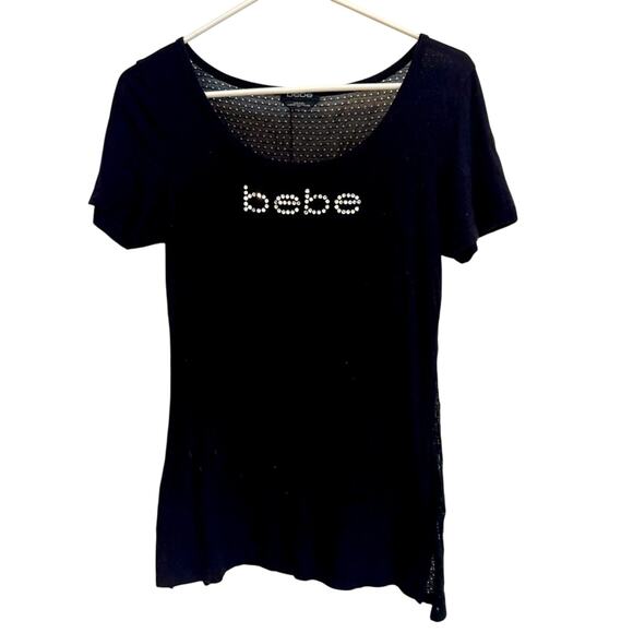 bebe Tops - Y2K Bebe Women’s Black‎ Mesh Back Crystal Logo Short Sleeve T Shirt Size S Comfy